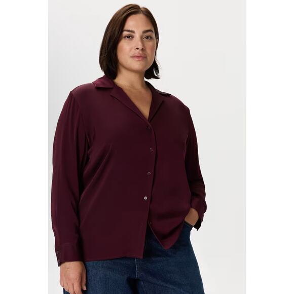 Quince Washable Stretch Silk Classic Long Sleeve Notch Collar Blouse Eggplant M - Picture 1 of 5